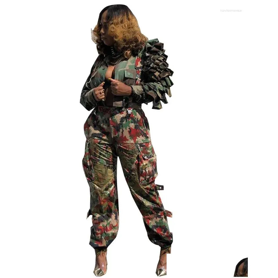 Women`S Jackets Womens Jackets Y Green Camouflage Cacading Ruffles Flare Sleeve Streetwear Military Outcoat Drop Delivery Apparel Wome Dh0Y3