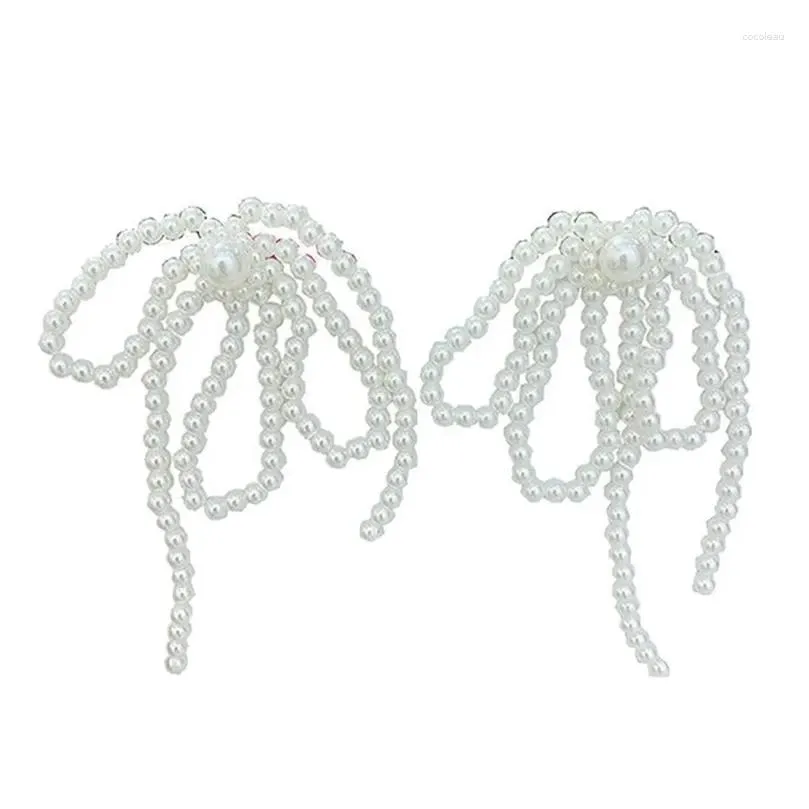 stud earrings bowknot pearls ear pendant long fringe bows beaded earwear wedding anniversary eardrop accessory for women