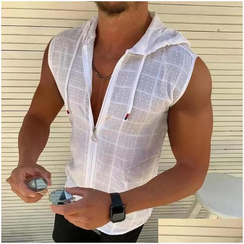 men`s tank tops trendy hoodie vest 3d cutting top drawstring moisture wicking summer sport sleeveless hooded sweatshirt