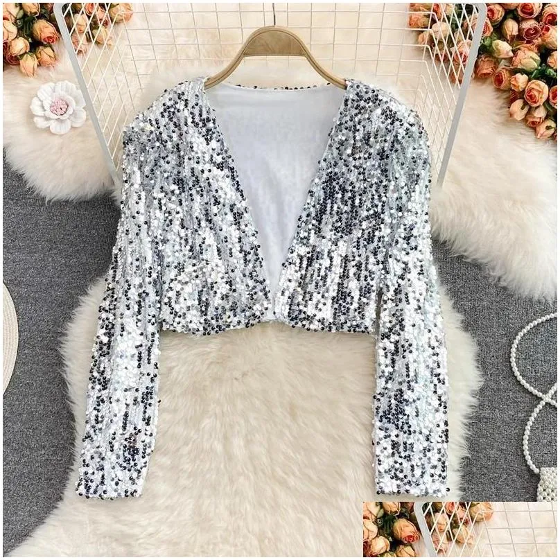 women`s jackets european and american short sequined cardigan jacket for women 2024 autumn fashion high waist casual long sleeve top