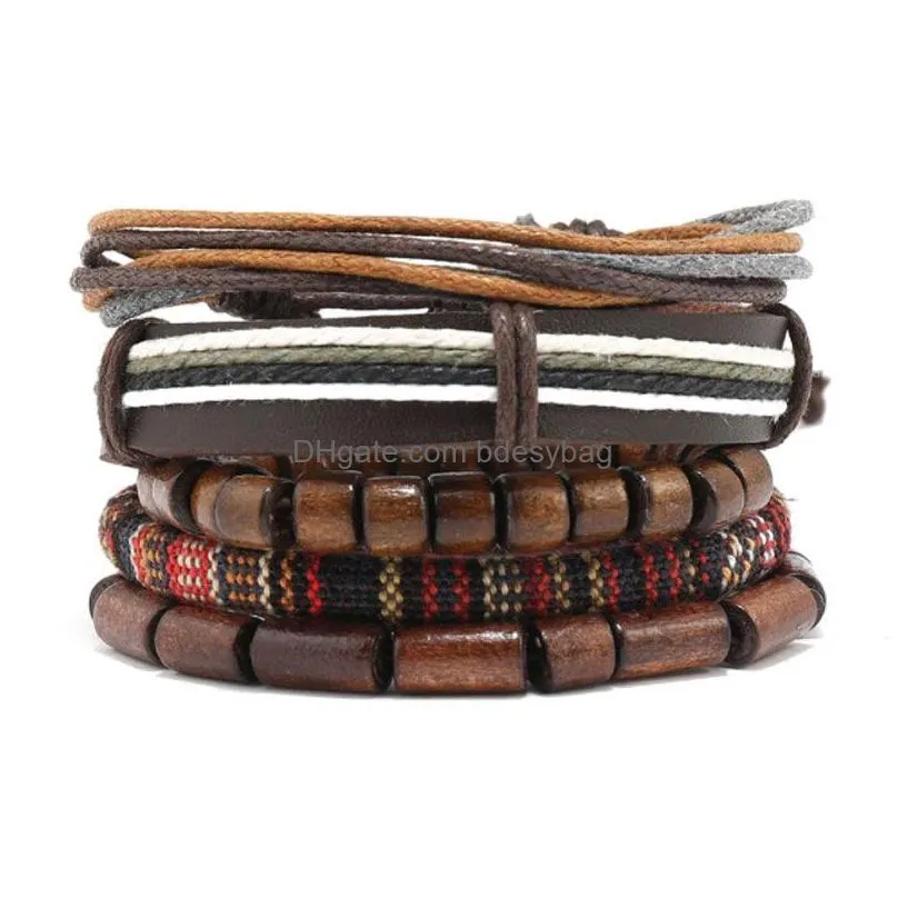 Rope Leather Handmade Braided Multilayer Wooden Beaded Charm Bracelets Set Adjustable Bangle Party Jewelry For Men