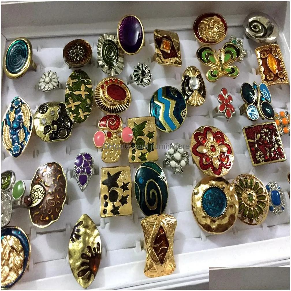 Band Rings Bk Lots 50Pcs Vintage Colorf Enamel Alloy Women Rings Open Size Bronze Sier Mix Design Assorted Retro Wholesale Drop Deliv Dhqbl