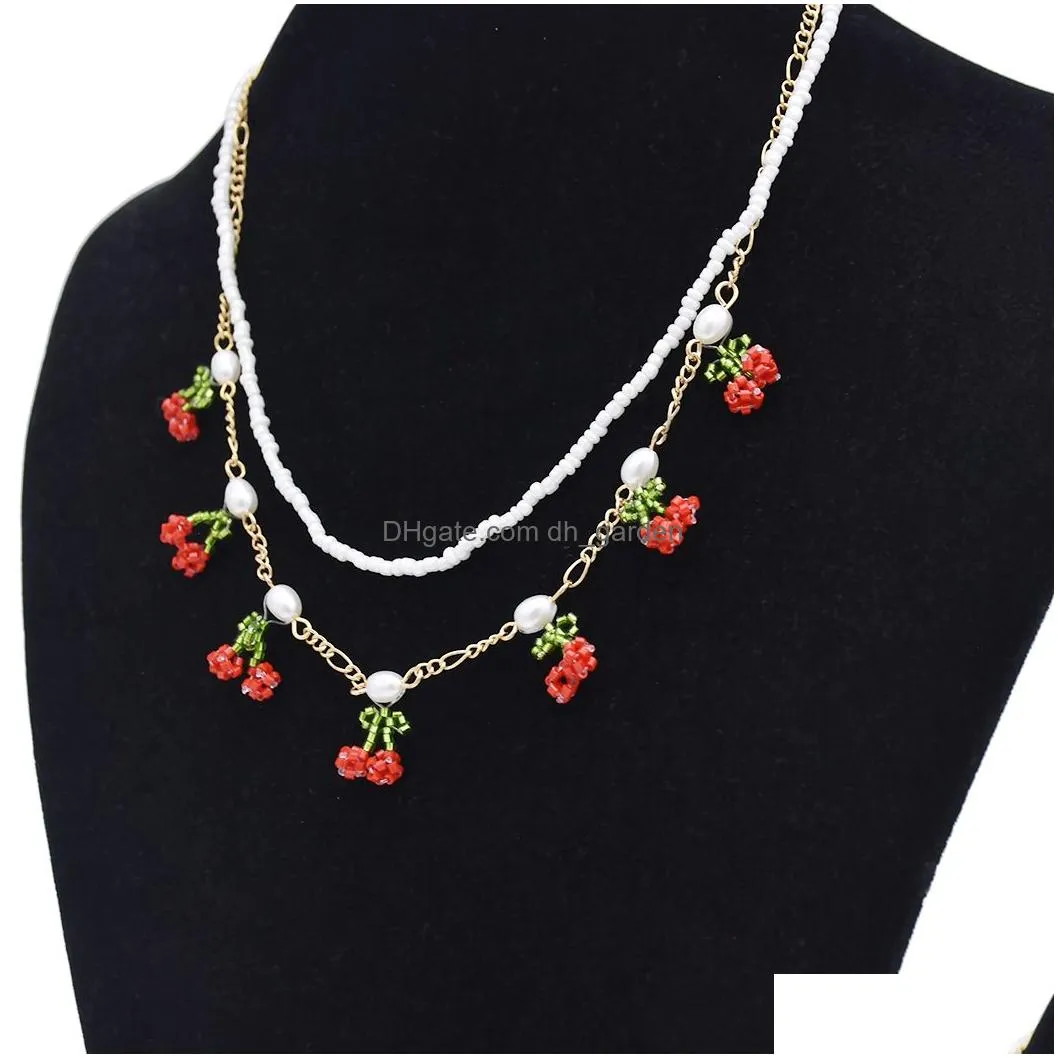 Cherry Pendant Charms Necklace with Beaded Imitation Pearl Chain Set Starement Necklace for Women Party Jewelry