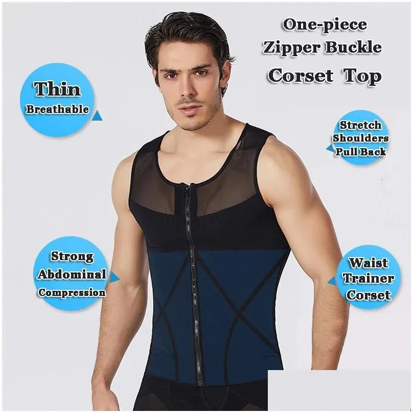 mens waist trainer corset abdomen slimming shapewear belly shaping top gynecomastia compression shirts with zipper body shaper 240220