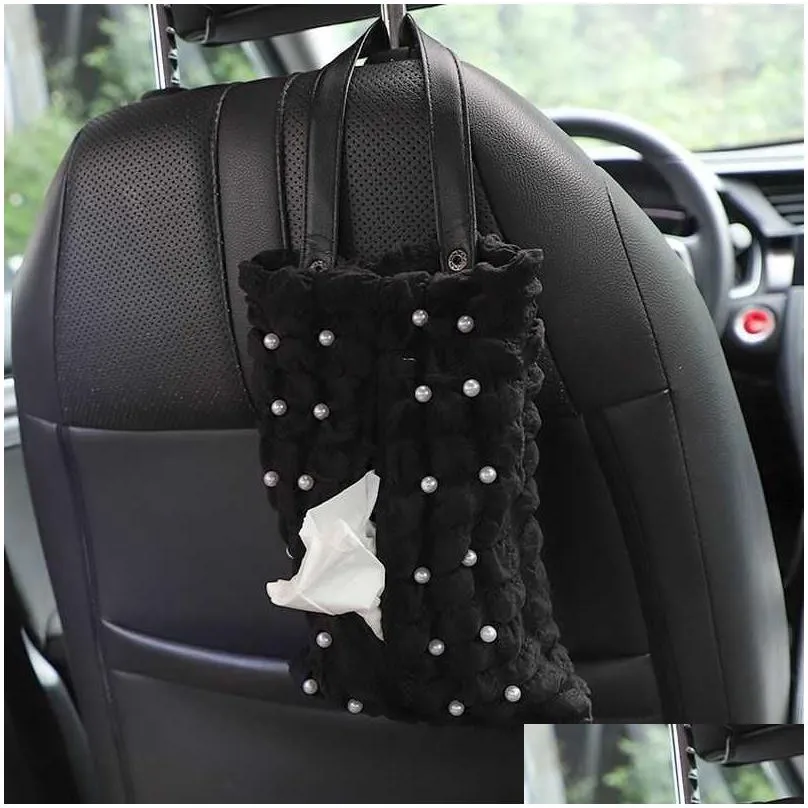 Other Interior Accessories New Pretty Girl Pearls Puff Grid Car Tissue Box Seat Headrest Hanging Paper Tower Holder Organizer Interior Dhtpn