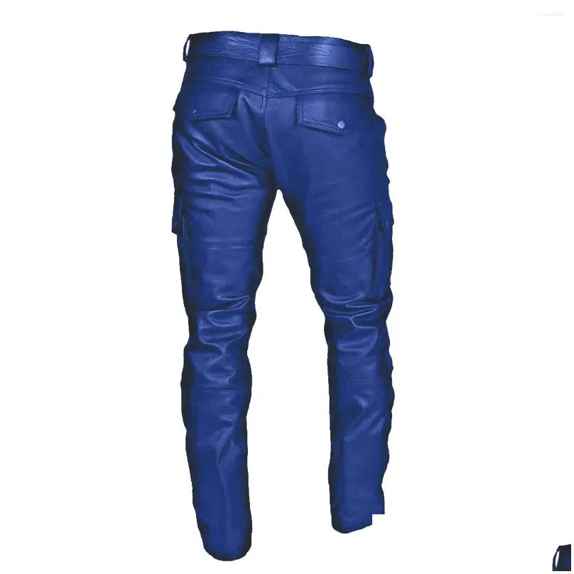Men`S Pants Mens Pants Fashion Motorcycle Men Faux Leather Wide Leg Button Large Pocket Solid Color Casual Trousers Handsome Male Clo Dhhyu