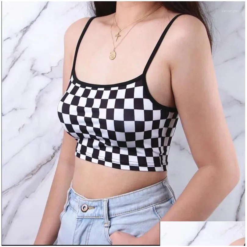 women`s tanks black red plaid checkerboard tank top halter women bare midriff crop tops camis fashion tube female sleeveless cropped