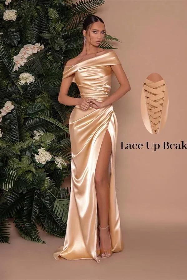 Chamgagne Gold Mermaid Bridesmaid Dresses Elegant Off Shoulder Pleats Front Split Maid of Honor Gowns Satin Evening Prom Dress BM5002