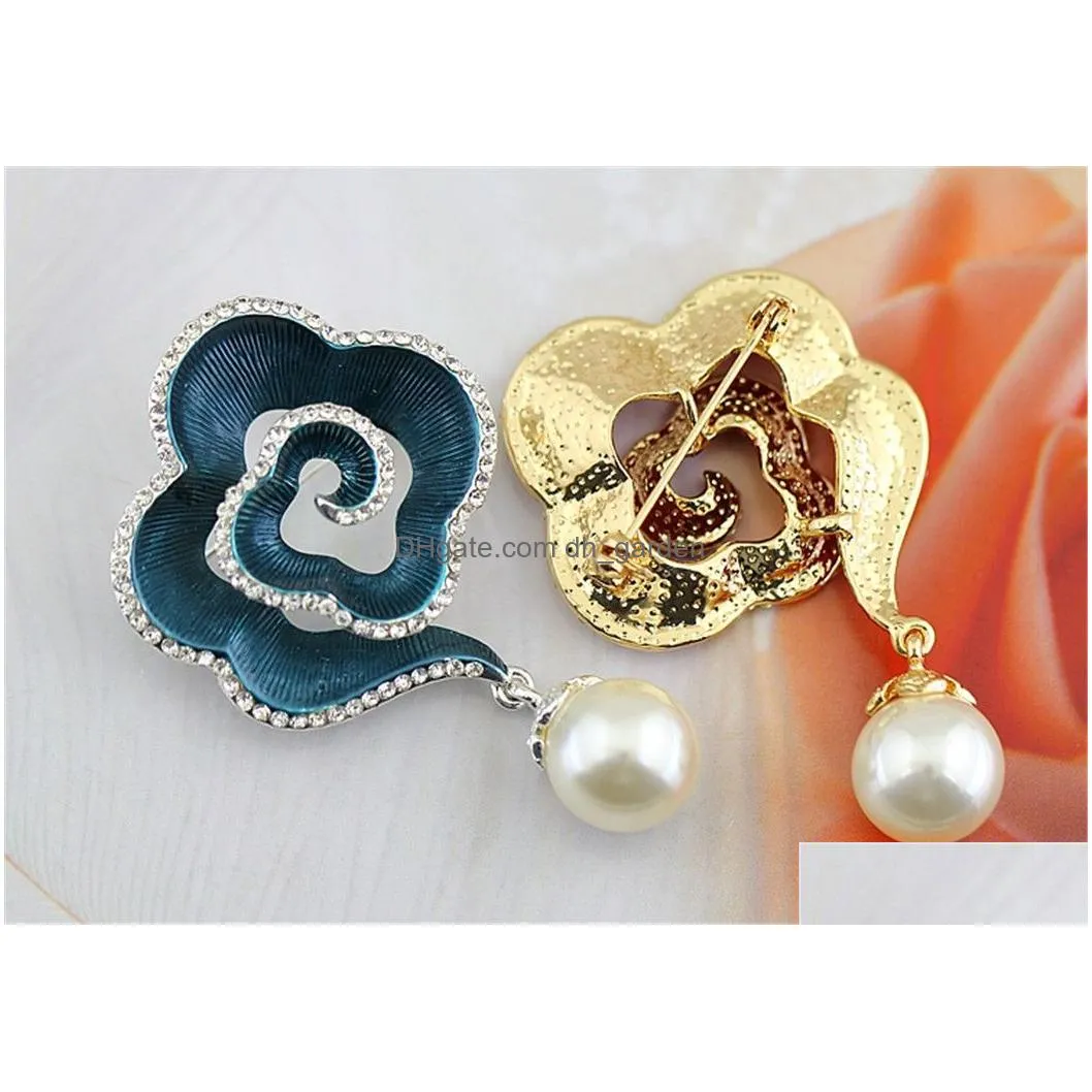 Three Colors Fashion Gold Plated Plant Enamel Pink White Blue Flower Shape Rhinestone Pearl Collar Pin Brooch