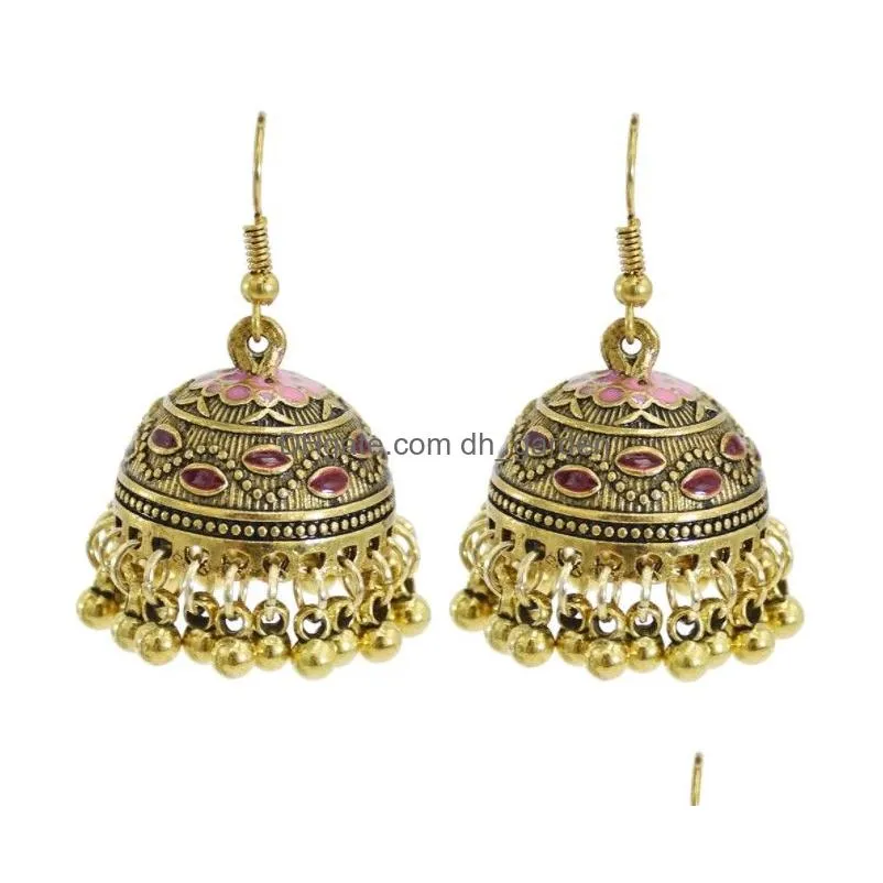 Vintage gold metal alloy beaded tassel earrings Indian Afghan Jewelry carved flower chandelier earrings for women