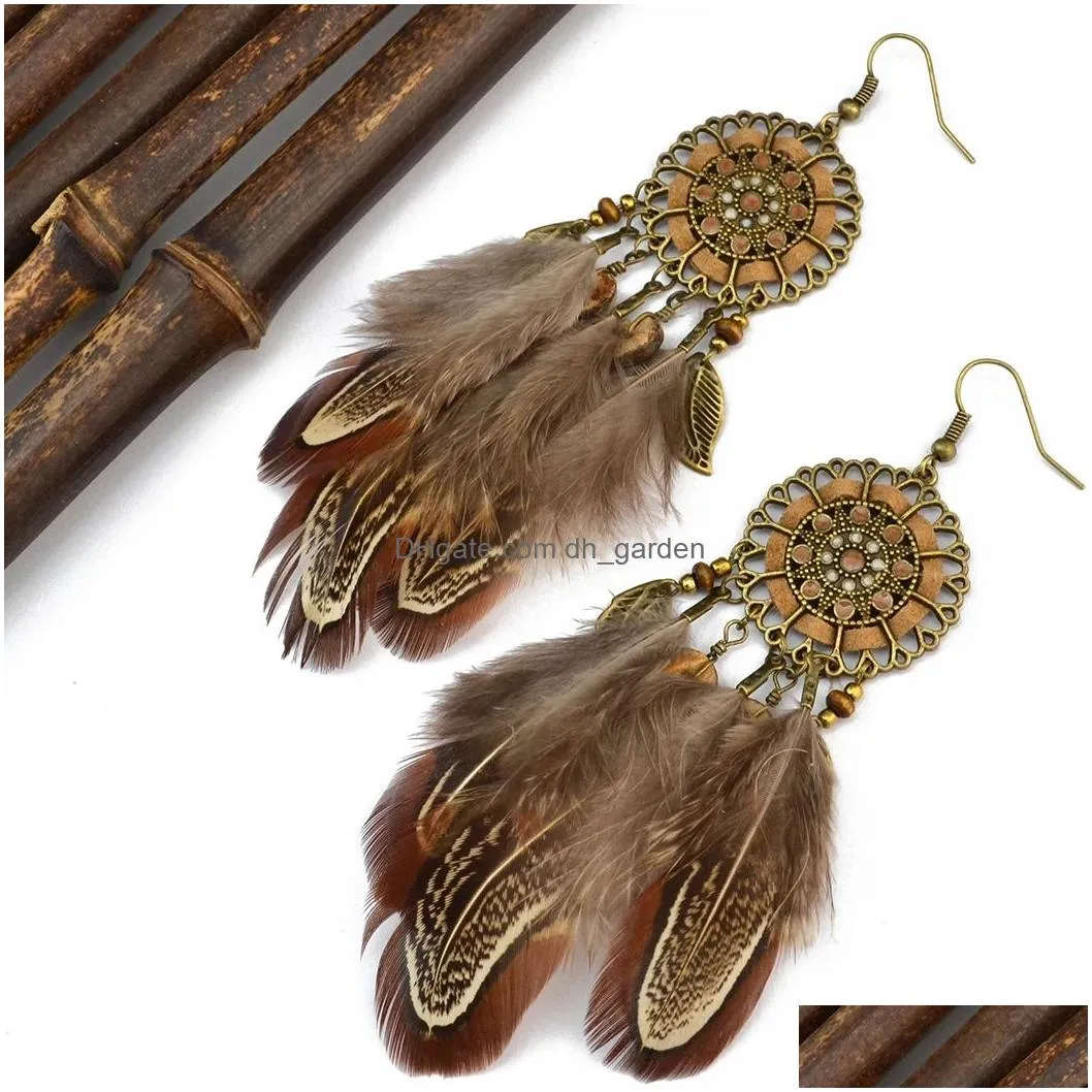 Boho Retro Style with Beaded Feather Tassel Drop Dangle Earrings Dream Catcher Shape Hoop Earrings for Women