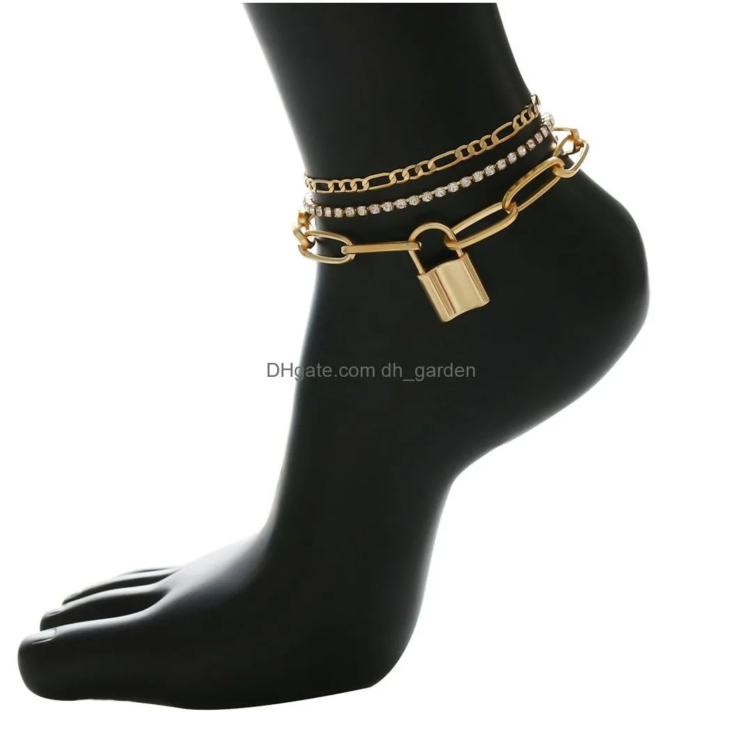 Fashion 3pcs/set with Lock Pendant Chain Anklet Bracelet for Women Foot Accessories Summer Beach Barefoot Sandals Bracelet
