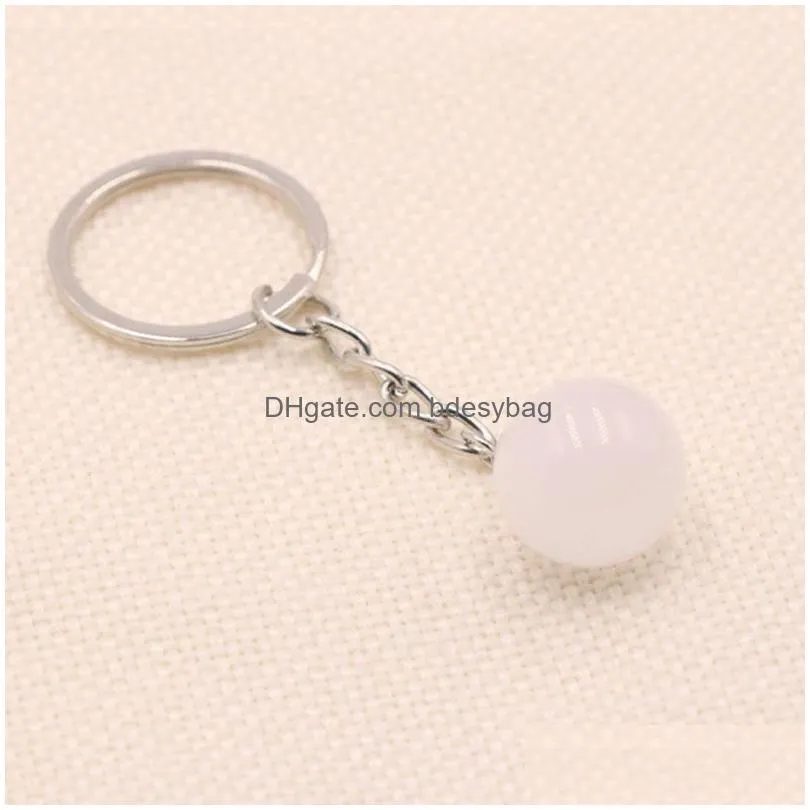 16mm Natural Crystal Stone Ball Silver Plated Key Rings Keychains For Women Men Party Club Car Bag Decor Jewelry