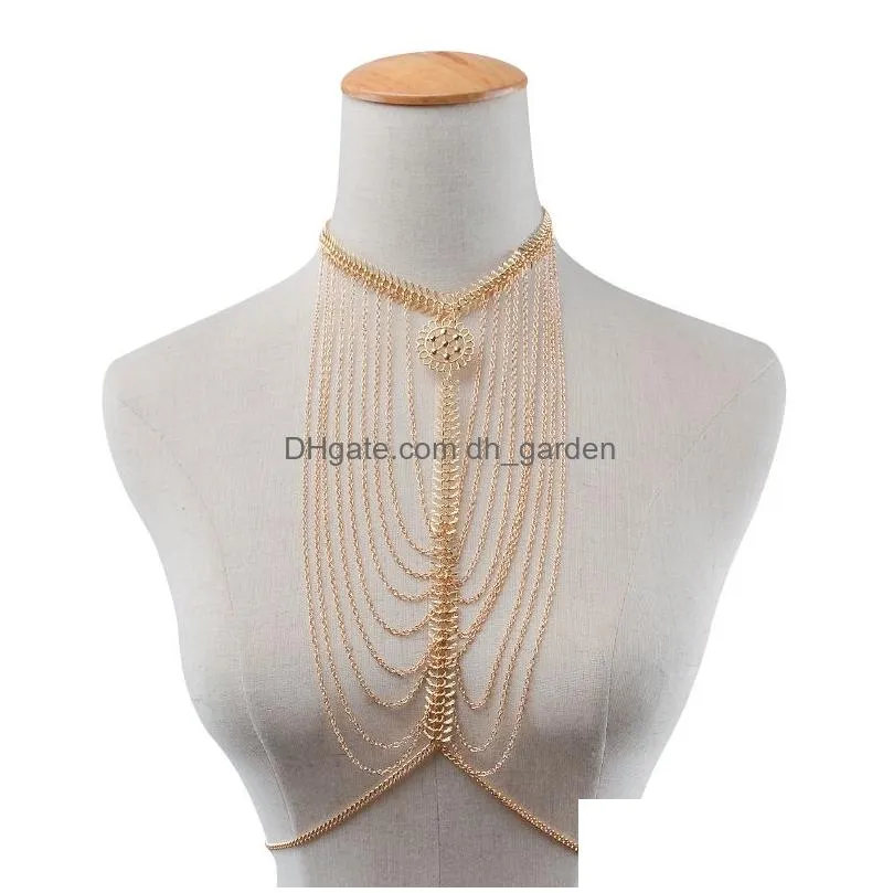 idealway 2 Colors Gold Silver Plated Necklace Statement Hollow Out Flower Body Chain Beach Jewelry Accessories