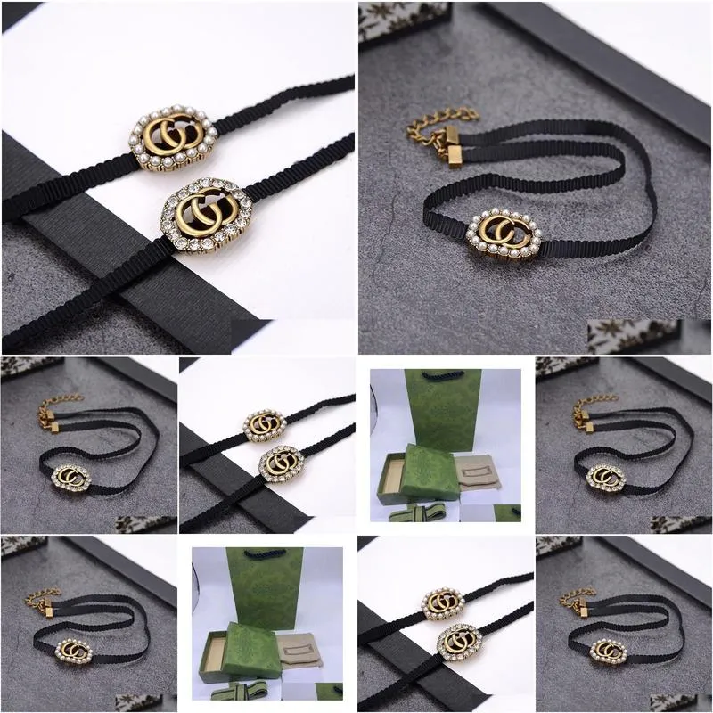 luxury jewelry chokers designer alphabet black rope necklace imported simulation diamond pearl counter consistent brass material hot