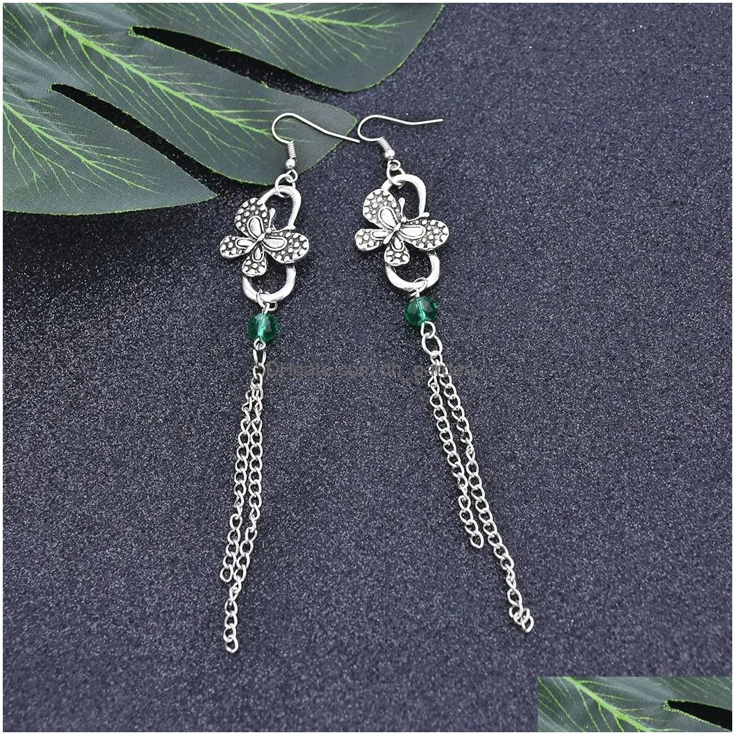 Vintage Silver Metal Acrylic Beads Butterfly Drop Earrings for Women Wedding Party Jewelry Gift