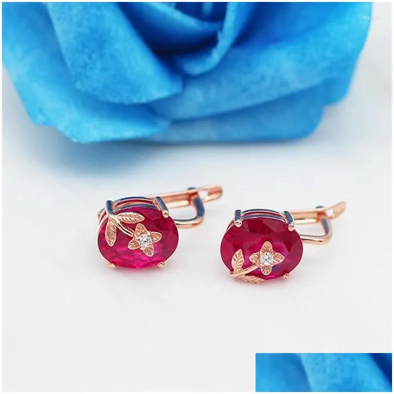 stud earrings 585 purple gold plated 14k rose inlaid ruby flower shape for women luxury sweet style party high jewelry