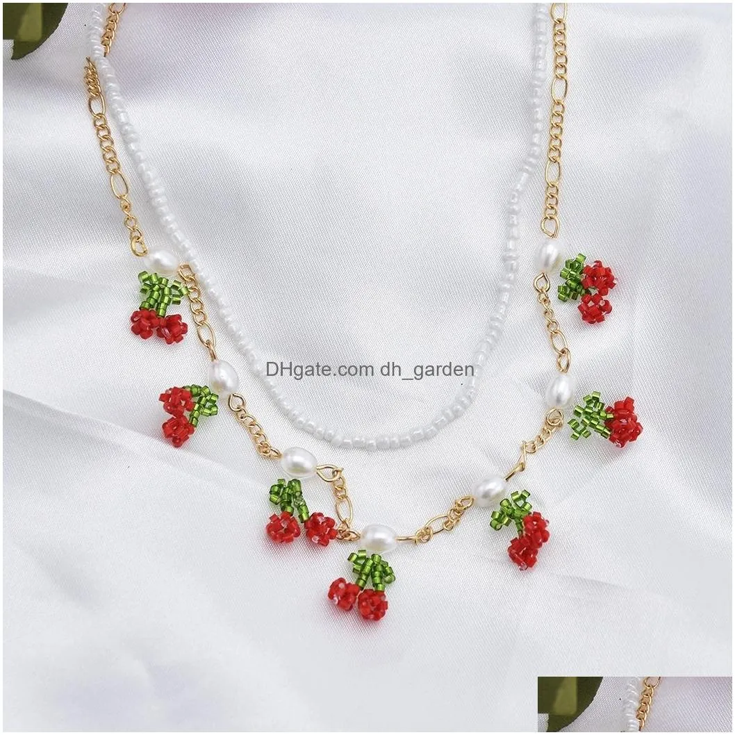 Cherry Pendant Charms Necklace with Beaded Imitation Pearl Chain Set Starement Necklace for Women Party Jewelry