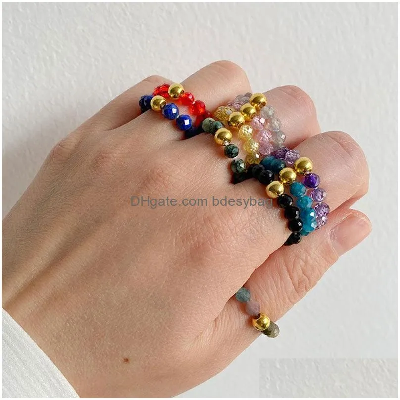 4mm Natural Crystal Stone Gold Plated Beaded Band Rings For Women Girl Party Club Decor Handmade Fashion Jewelry