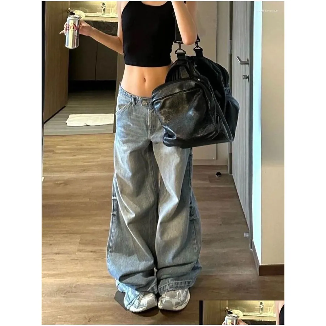 Women`S Pants & Capris Womens Pants Y2K Women Vintage Streetwear Korean Baggy Blue Jeans High Waist Straight Wide Leg Denim Oversized Dhqdv