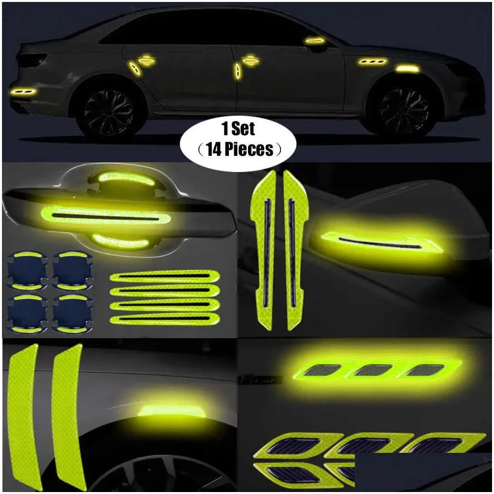 Car Stickers New 14Pcs Car Rearview Mirror Reflective Stickers Decals Styling Night Driving Safety Warning Door Tail Reflector Accesso Dhlkl