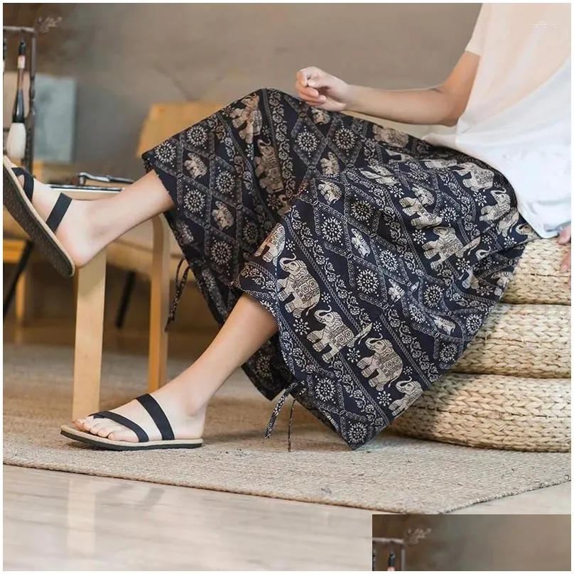 men`s pants thailand style travel cotton linen for men loose wide leg summer elephant print carrot beach cropped