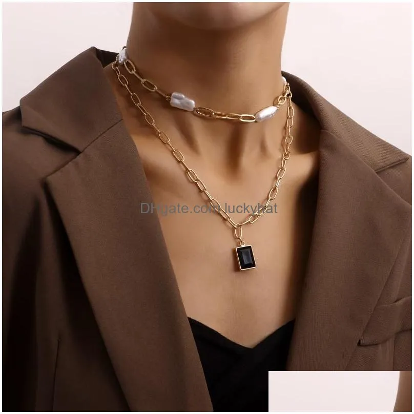 Pendant Necklaces Fashion Double-Layer Paperclip Camboo Link Chain Disc Necklace Female Punk Style Gold Color Jewelry For Drop Delive Dhula