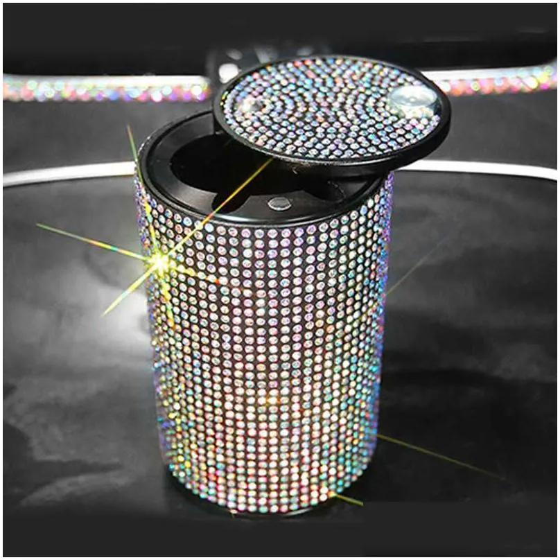 Other Interior Accessories New Fashion Crystal Rhinestones Car Ashtray Portable Cup Holder Metal With Diamond Smokeless Ashtrays Cigar Dhce7