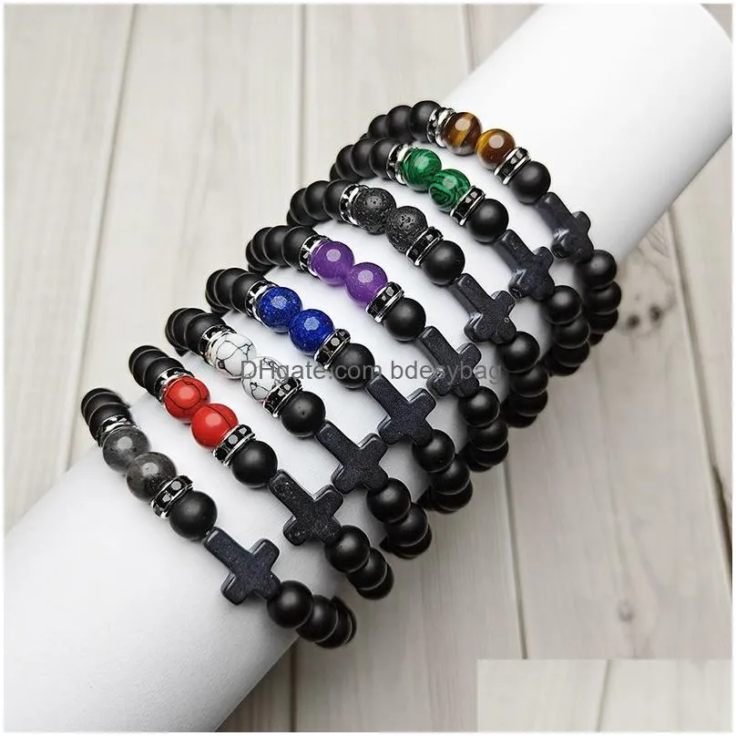 Handmade 8mm Natural Stone Strands Beaded Cross Bracelets For Men Women Balance Yoga Retro Elastic Charm Jewelry
