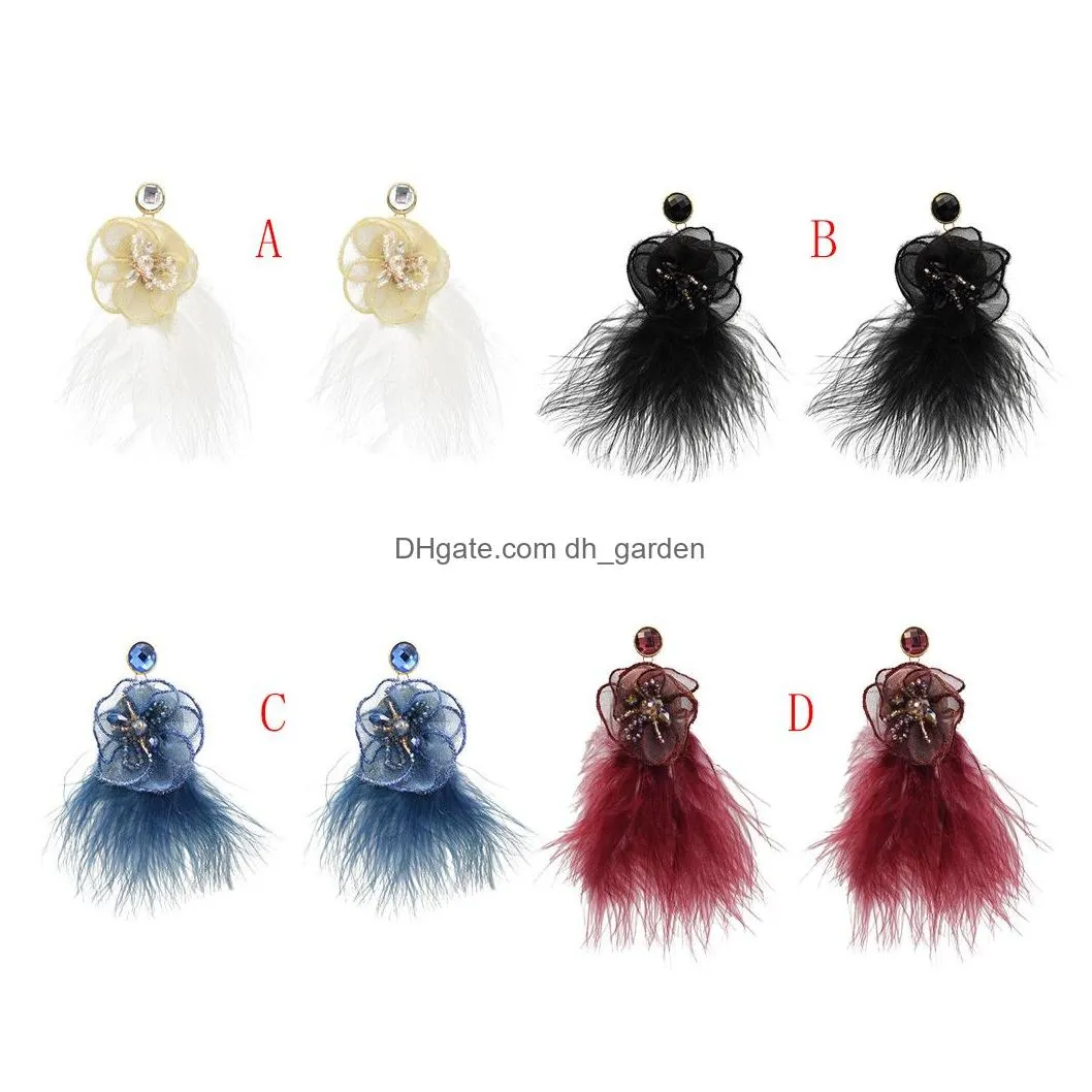 IdealwayNew Fashion 4 Colors Trendy Alloy Textile Flower Acrylic Bead Feather Earring For Women Jewelry Design