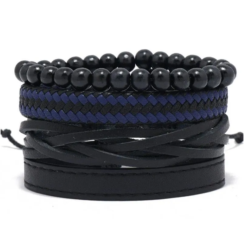 Male Multilayer Rope Leather Handmade Braided Beaded Charm Bracelets Set Adjustable Party Club Jewelry For Men