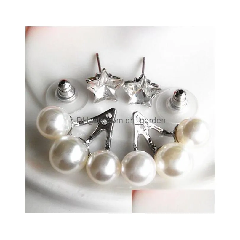 Korea Style Silver Plated Clear Crystal Star Three Pearl Ear Studs Earrings