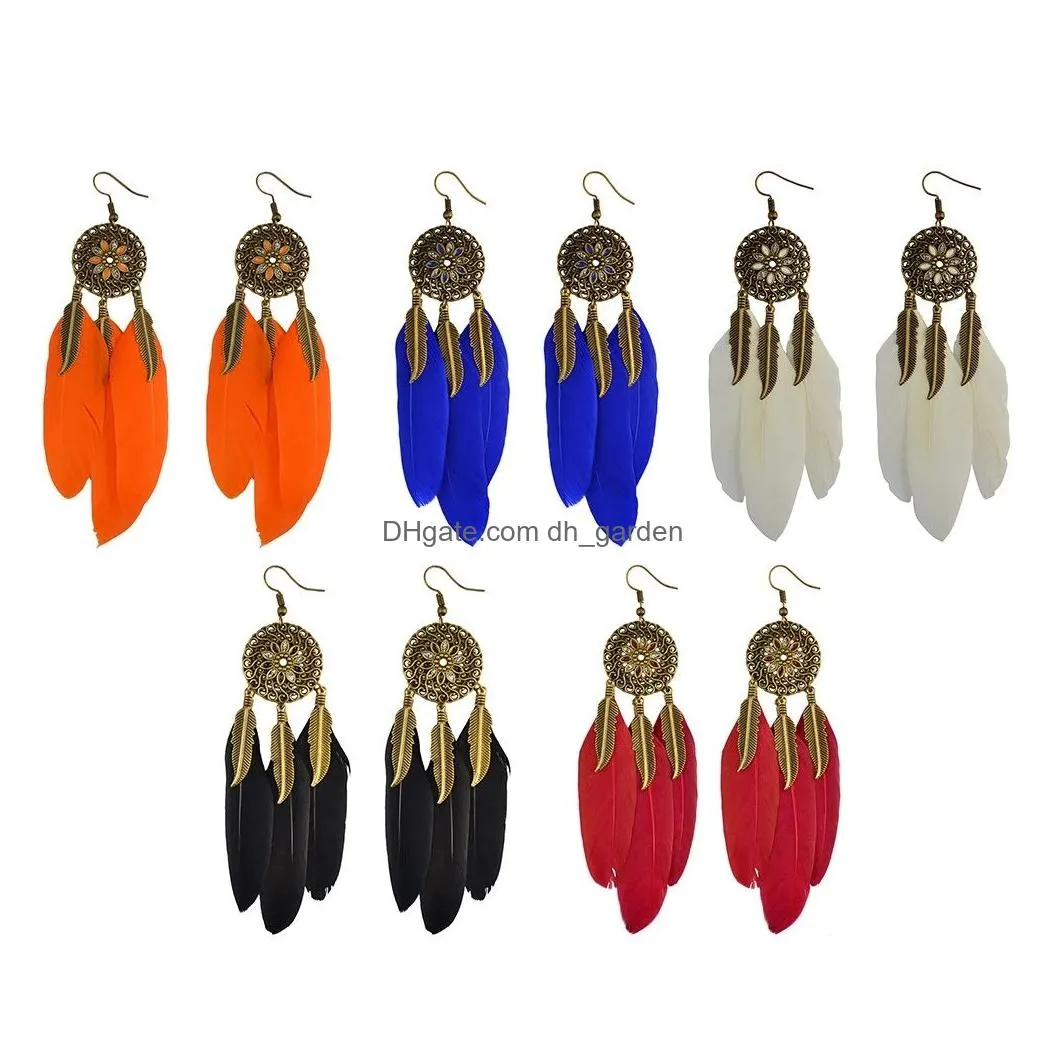 5 colors Bohemian Vintage Bronze Long Feather Drop Hook Flower Dangle Earrings
