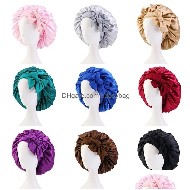 Solid Color Satin Bowknots Sleep Caps Bonnet For Women Lady Headwrap Night Hat Hair Care Fashion Headwear