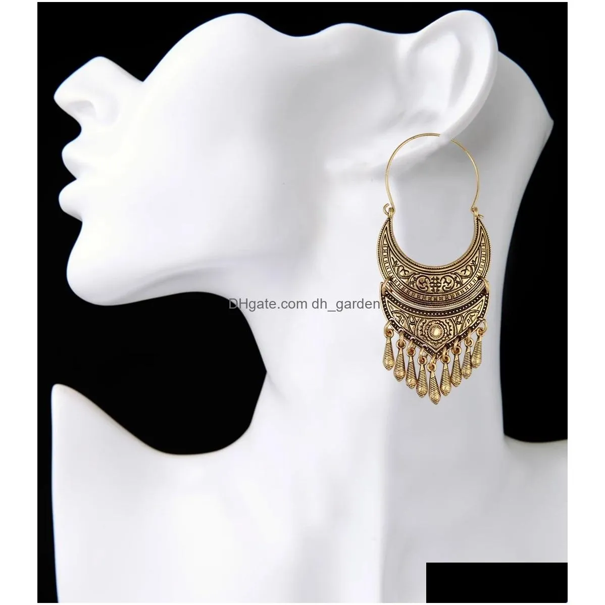 Bohemian Vintage Style Sun Flower Carved Fashion Hoop Earrings with Alloy Bead Dangle Drop Earrings For Women Jewelry