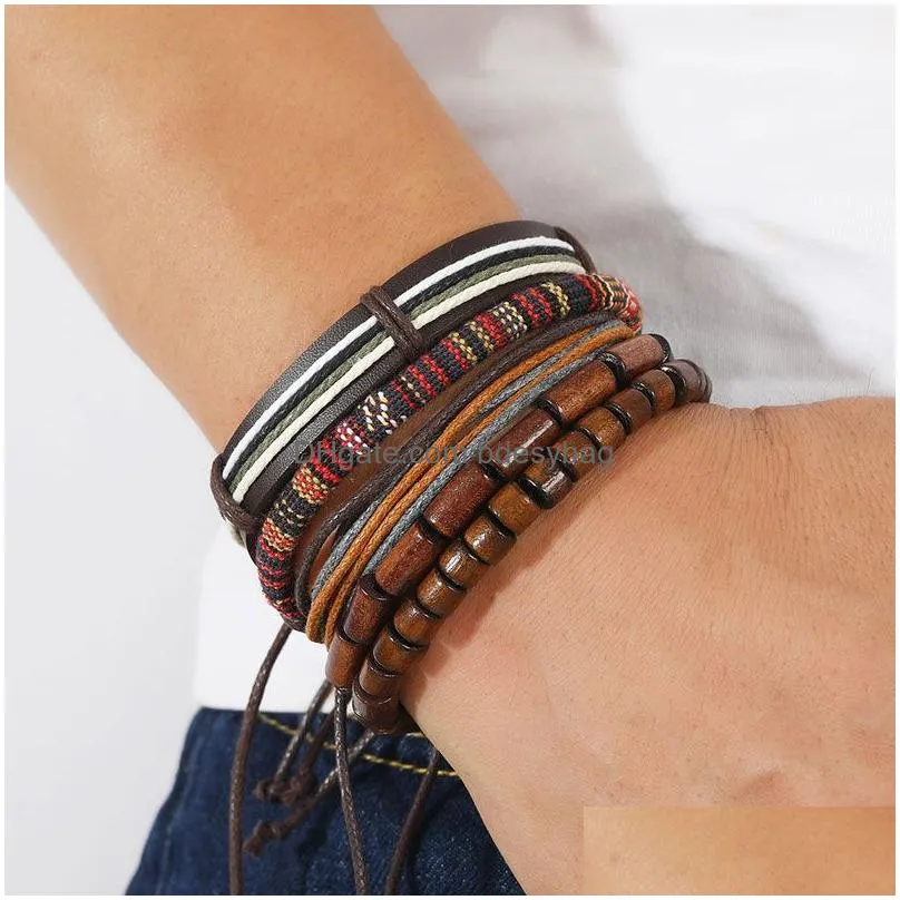 Rope Leather Handmade Braided Multilayer Wooden Beaded Charm Bracelets Set Adjustable Bangle Party Jewelry For Men