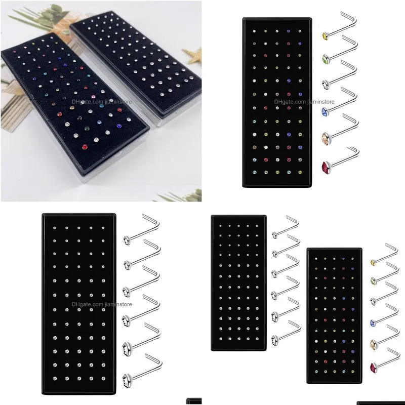 Nose Rings & Studs 60Pcs/Lot Crystal Rhinestone Nose Rings Fashion Stainless Steel Studs Hooks Body Piercing Faux Jewelry Drop Delive Dhktn