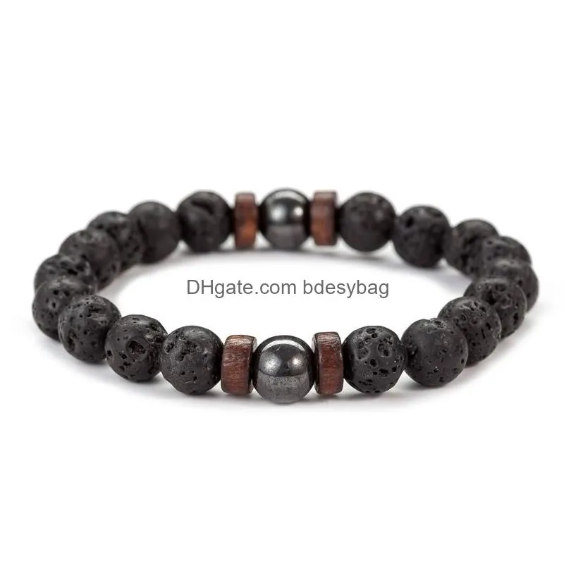 8mm Natural Lava Rock Stone Strands Wooden Beaded Charm Bracelets Handmade Elastic Jewelry For Women Men