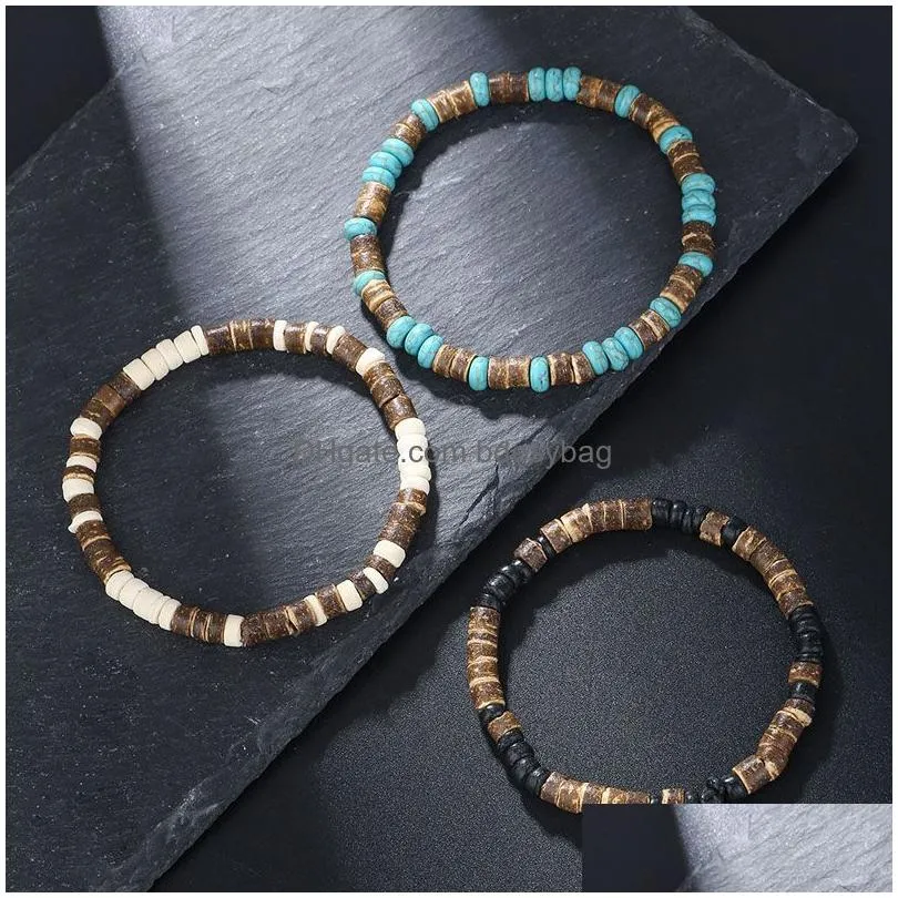 Natural Stone Strands Wooden Beaded Elastic Charm Bracelets For Women Men Lover Handmade Summer Jewelry
