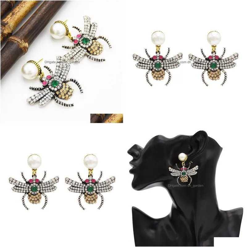 idealway New Fashion Personality Women Pear Stud Crystal Rhinestone Drop Earring Insect Shaped Dangle Wedding Party Jewelry