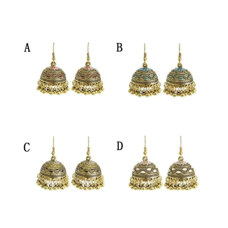 Vintage gold metal alloy beaded tassel earrings Indian Afghan Jewelry carved flower chandelier earrings for women