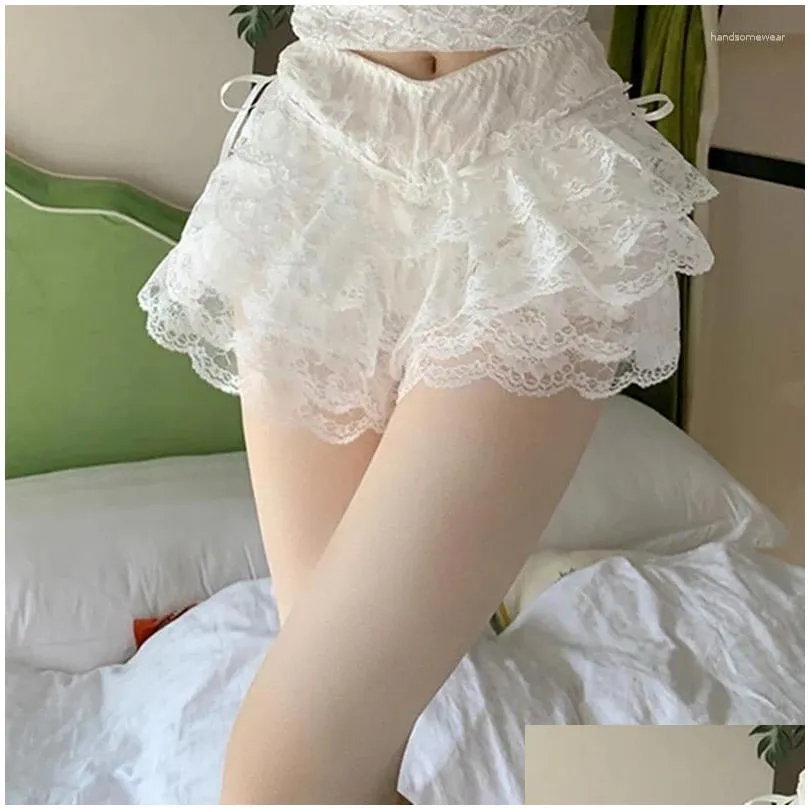 Women`S Panties Womens Panties Women Lace Trim Layered Ruffle Bloomers Shorts Lolita Style Mid Waist Bow Knot Decor Frilly Solid Drop Dhogk