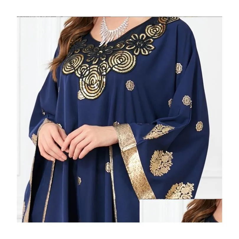 middle eastern muslim clothing women blue bronzing printed bat sleeve loose casual dress robe party abaya vestidos musulmanes moroccan kaftan