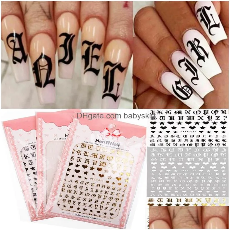 Stickers & Decals New Letter Design Fashion 3D Nail Sticker Decal Gold Black Character Diy Decorations Art4630238 Drop Delivery Health Dhbt9