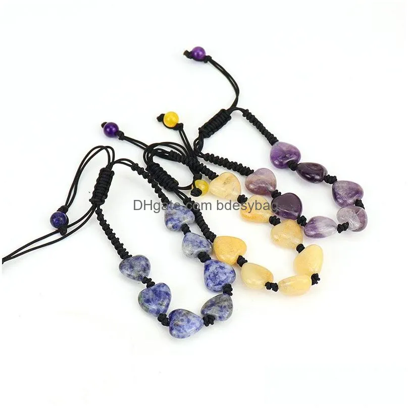 Natural Crystal Stone Handmade Rope Braided Heart Charm Bracelets Fashion Yoga Beaded Jewelry For Women Men