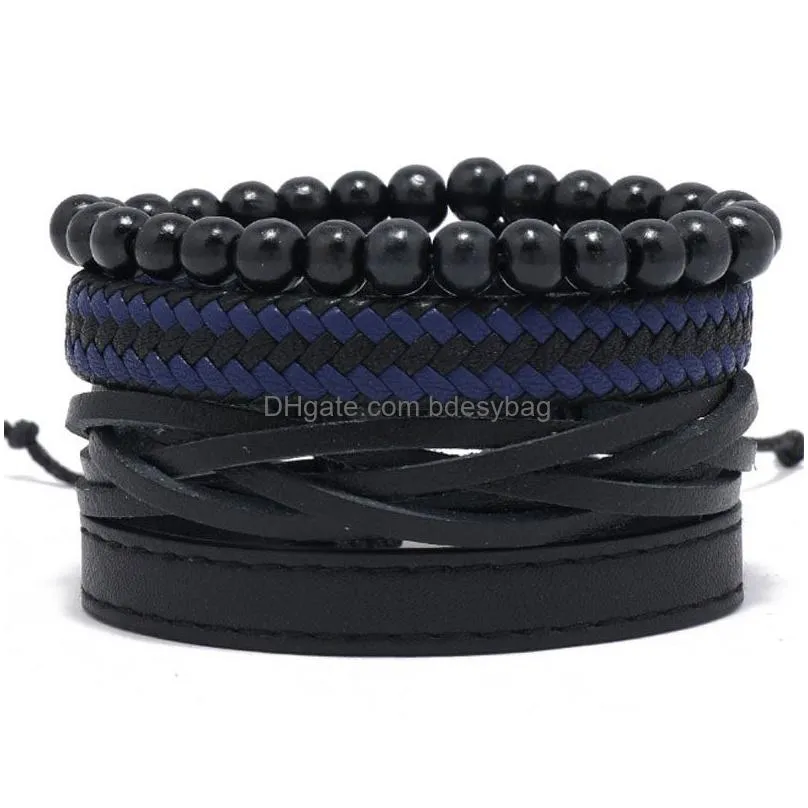Male Multilayer Rope Leather Handmade Braided Beaded Charm Bracelets Set Adjustable Party Club Jewelry For Men