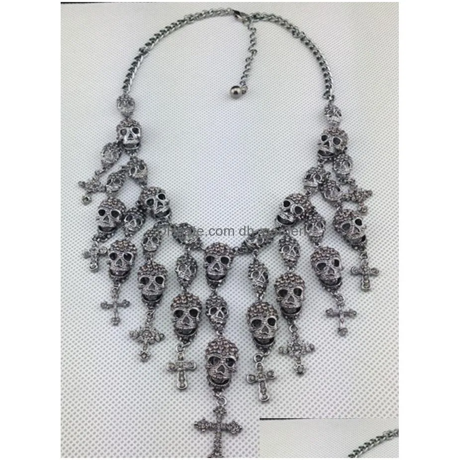 Skull Head Skeleton Cross tassel statement Necklace Costume Jewelry European Silver Gun Black Plated Alloy clear pink Rhinestone