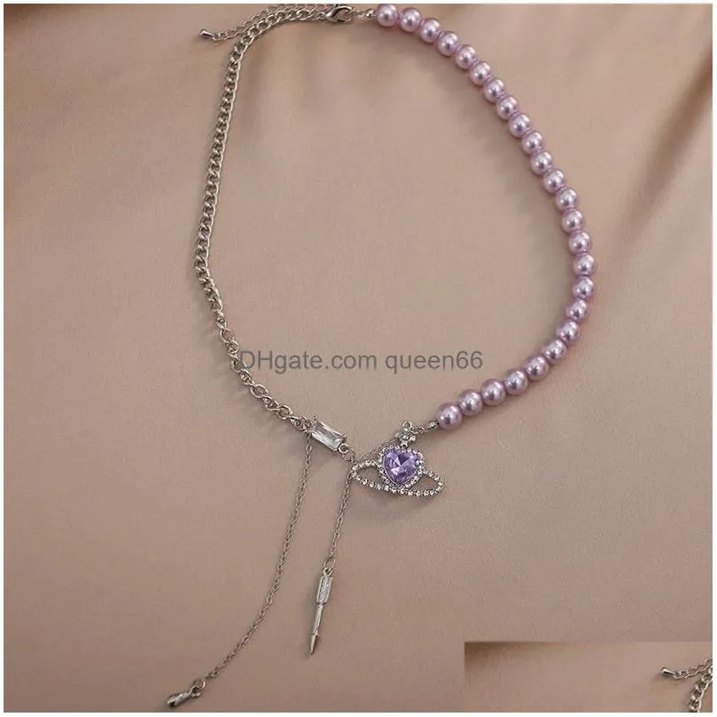 Pendant Necklaces Purple Crystal Heart Shape Universe Necklace For Women Exquisite Pearl String Beads Chain Choker Drop Delivery Dhjlb