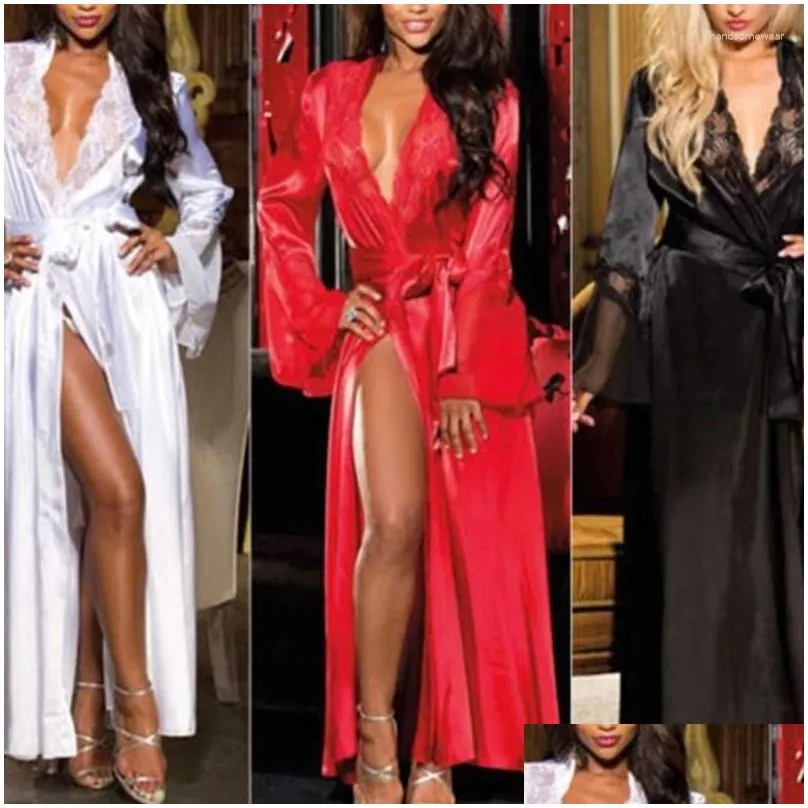 Sexy Pyjamas Y Pyjamas Womens Long Kimono Dress Lace Bath Robe Ice Silk Nightdress Drop Delivery Apparel Underwear Sexy Underwear Dh2Bc