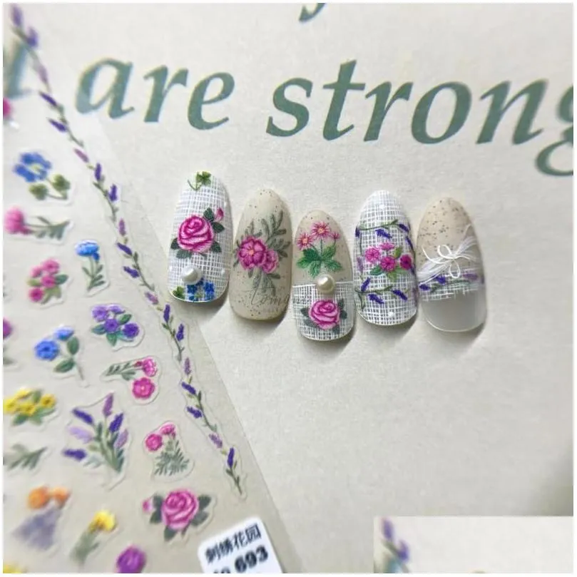 nail stickers 2024 trendy japanese 5d embossed flower colourful art self adhesive diy decal sticker manicure 1pc